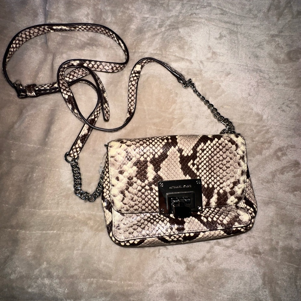 Michael Kors Brown and Cream Snake Print Crossbody Bag